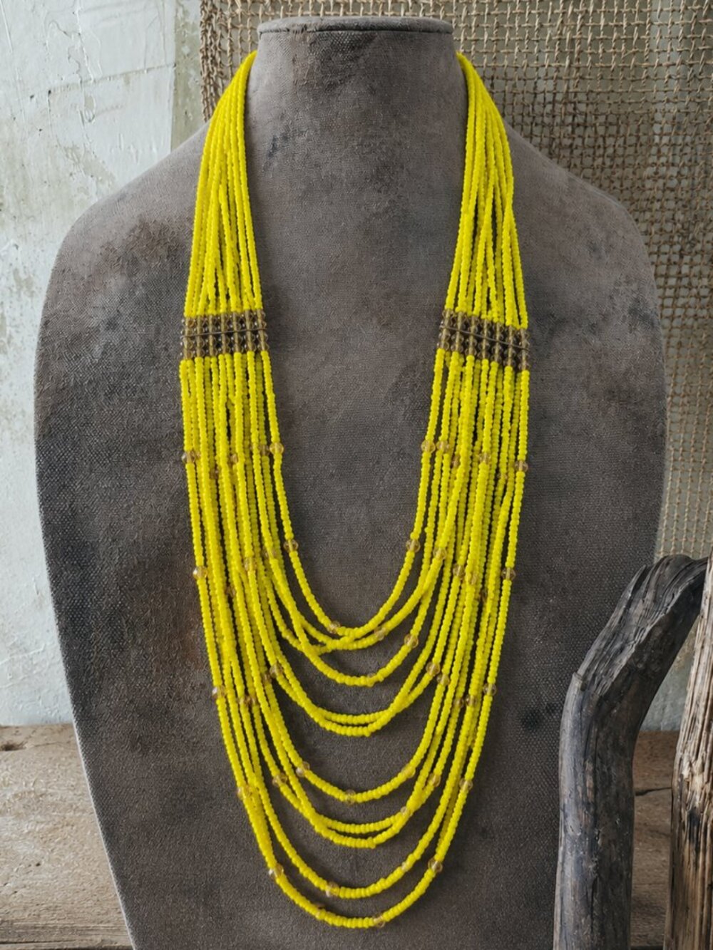 Yellow Multi-Strand Beaded Statement Necklace | Layered Boho Necklace | Bold